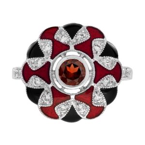 Garnet White Sapphire and Enamel Art Deco Style Halo Ring