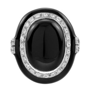 Cabochon Onyx White Sapphire and Enamel Art Deco Style Cocktail Ring