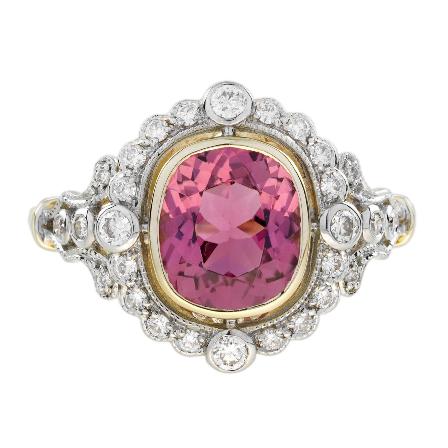 Pink Tourmaline and Diamond Antique Style Halo Engagement Ring