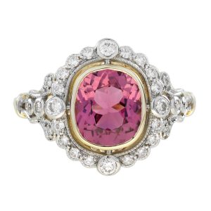 Pink Tourmaline and Diamond Antique Style Halo Engagement Ring