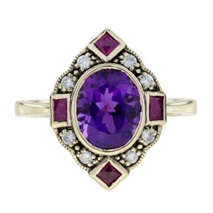 Amethyst Ruby and Diamond Art Deco Style Halo Ring