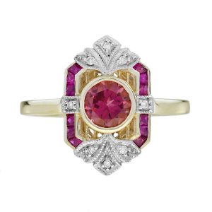 Pink Tourmaline Ruby and Diamond Art Deco Style Engagement Ring