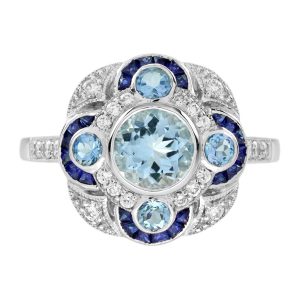 Aquamarine Sapphire Diamond Art Deco Style Cocktail Ring