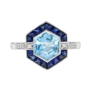 Blue Topaz and Sapphire Art Deco Style Hexagon Target Ring