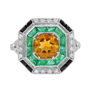 Citrine Emerald Onyx and Diamond Octagonal Shape Engagement Ring