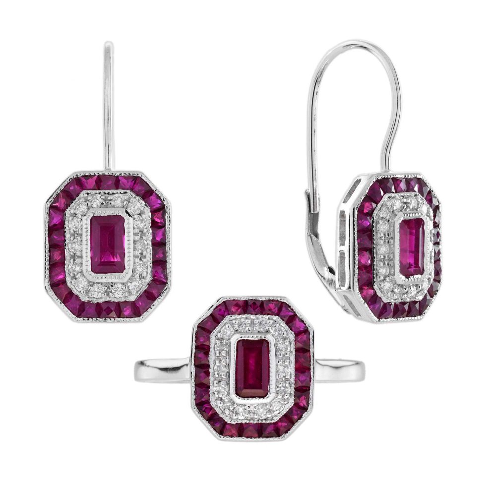Ruby Diamond Art Deco Style  Ring and Lever Back Earrings Jewelry Set
