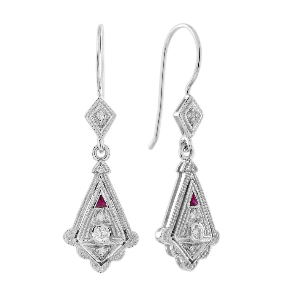 Diamond and Ruby Art Deco Style Drop Earrings