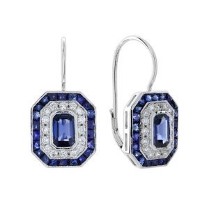 Ceylon Sapphire and Diamond Art Deco Style Lever Back Earrings