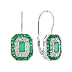 Emerald and Diamond Art Deco Style Lever Back Earrings