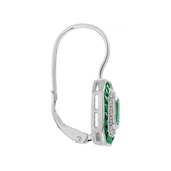 Emerald and Diamond Art Deco Style Lever Back Earrings - Image 3