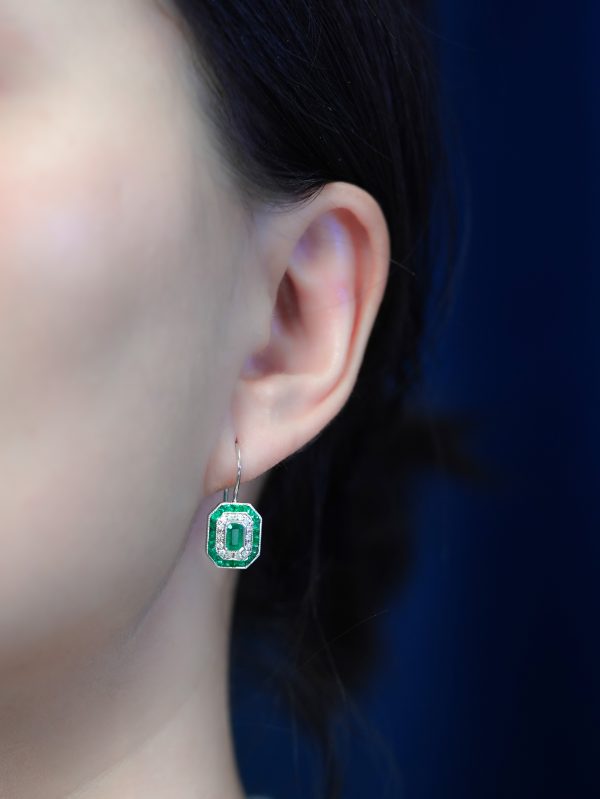 Emerald and Diamond Art Deco Style Lever Back Earrings - Image 2