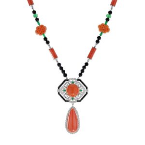 Carved Coral Tanzanite Art Deco Style Necklace