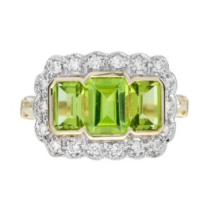 Peridot and Diamond Art Deco Style Three Stone Ring