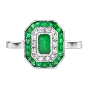 Emerald and Diamond Art Deco Style Engagement Ring
