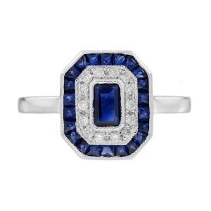 Sapphire with Diamond Art Deco Style Engagement Ring