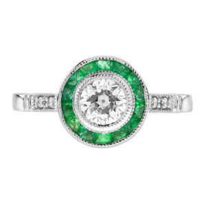 Diamond and Emerald Art Deco Style Target Engagement Ring