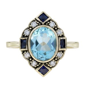 Blue Topaz Sapphire and Diamond Art Deco Style Halo Ring