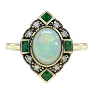 Opal Emerald and Diamond Art Deco Style Halo Ring