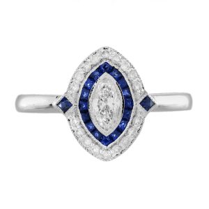 Marquise Diamond and Sapphire Art Deco Style Engagement Ring