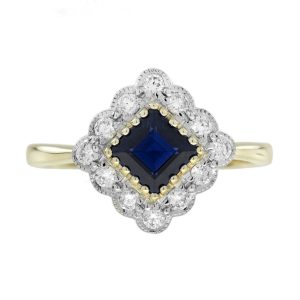 Sapphire Diamond Antique Style Halo Engagement Ring