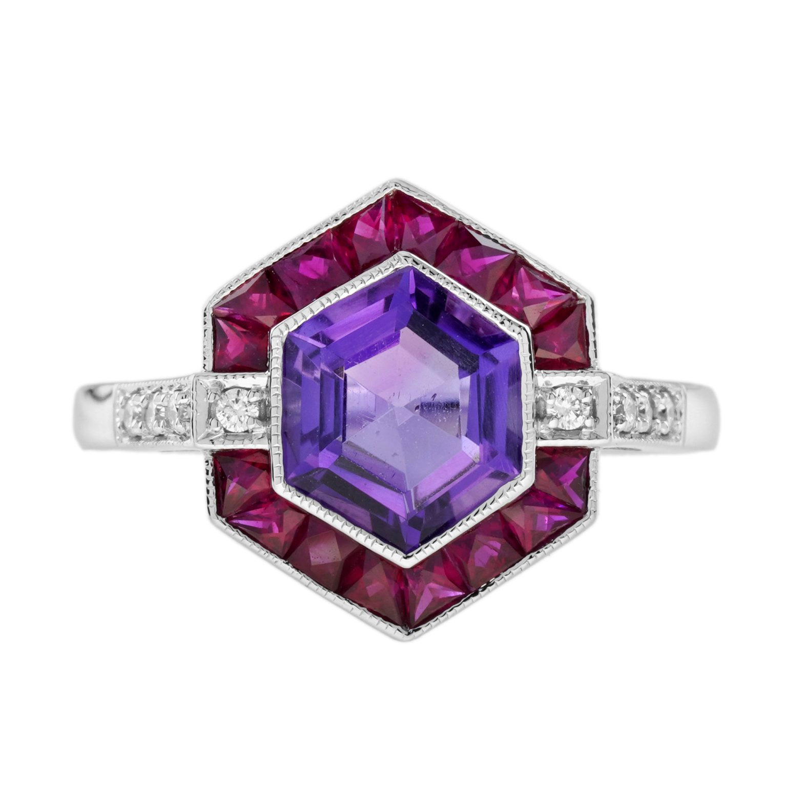 Amethyst Ruby and Diamond Art Deco Style Hexagon Target Ring