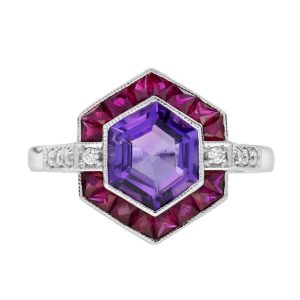 Amethyst Ruby and Diamond Art Deco Style Hexagon Target Ring