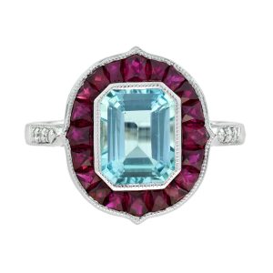 Blue Topaz Ruby and Diamond Art Deco Style Target Ring