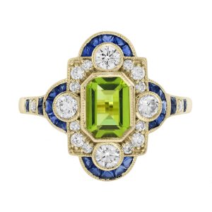 Emerald Cut Peridot Sapphire and Diamond Art Deco Style Halo Ring