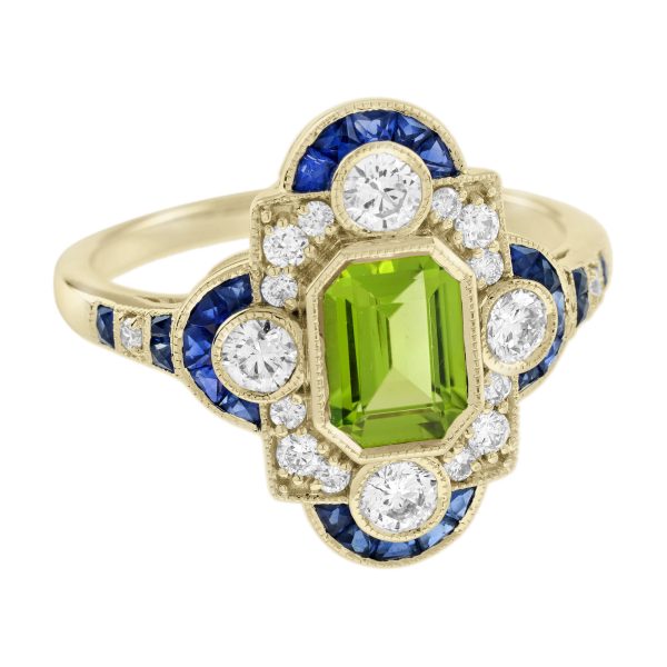 Emerald Cut Peridot Sapphire and Diamond Art Deco Style Halo Ring - Image 2
