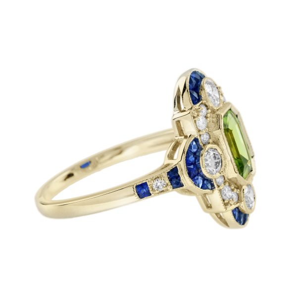 Emerald Cut Peridot Sapphire and Diamond Art Deco Style Halo Ring - Image 3