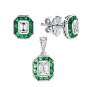 Diamond and Emerald Art Deco Style Pendant and Stud Earrings Jewelry Set
