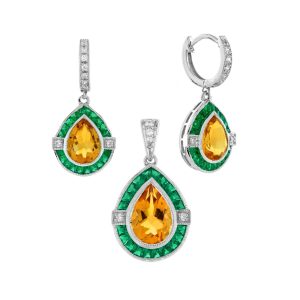 Citrine Emerald Diamond Art Deco Style Drop Pendant and Earrings Jewelry Set