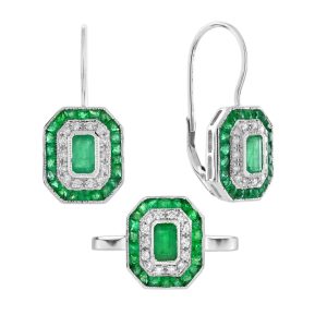 Emerald and Diamond Art Deco Style Ring and Lever Back Earrings Jewelry Set