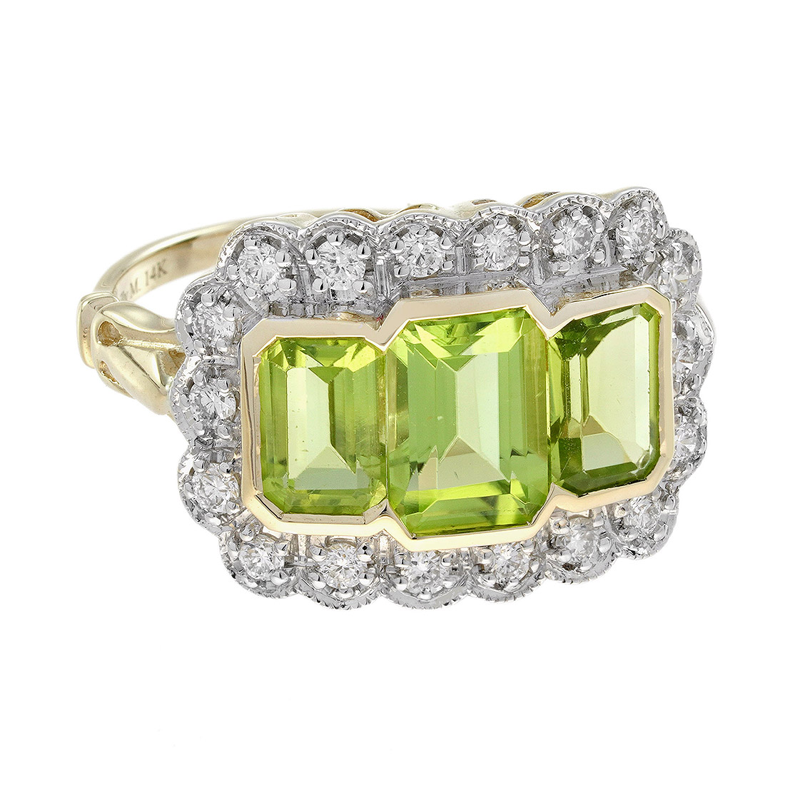 peridot-three-stone-art-deco-style-ring-14k-gold-angled-view Peridot and Diamond Art Deco Style Three Stone Ring