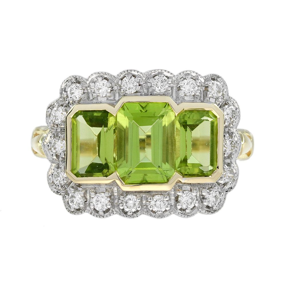 Peridot and Diamond Art Deco Style Three Stone Ring