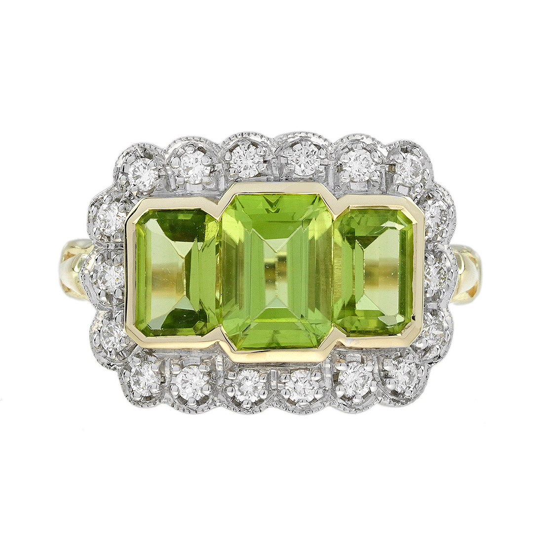peridot-three-stone-art-deco-style-ring-14k-gold-front Peridot and Diamond Art Deco Style Three Stone Ring