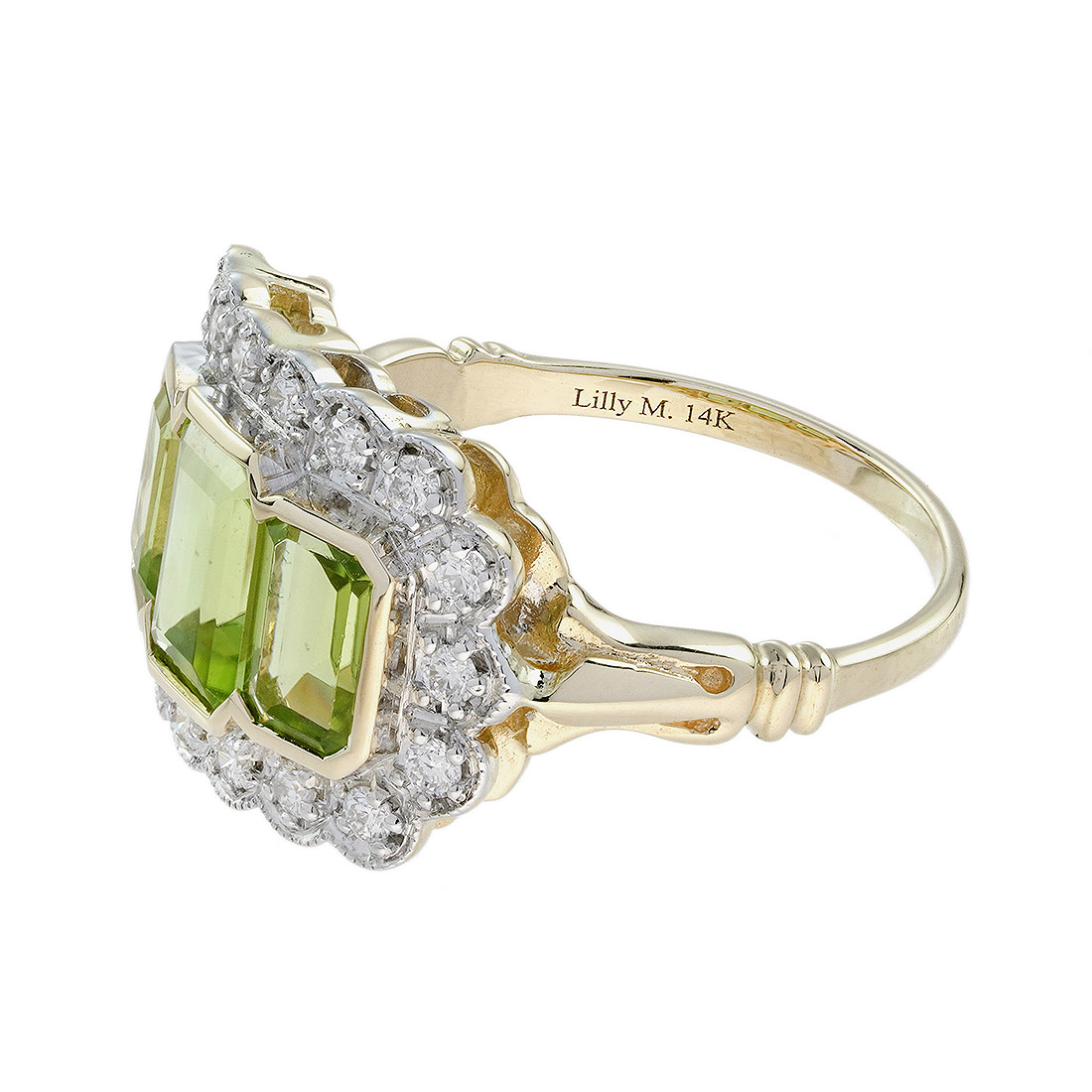 peridot-three-stone-art-deco-style-ring-14k-gold-hall-mark Peridot and Diamond Art Deco Style Three Stone Ring