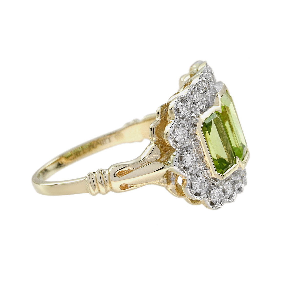 peridot-three-stone-art-deco-style-ring-14k-gold-side Peridot and Diamond Art Deco Style Three Stone Ring