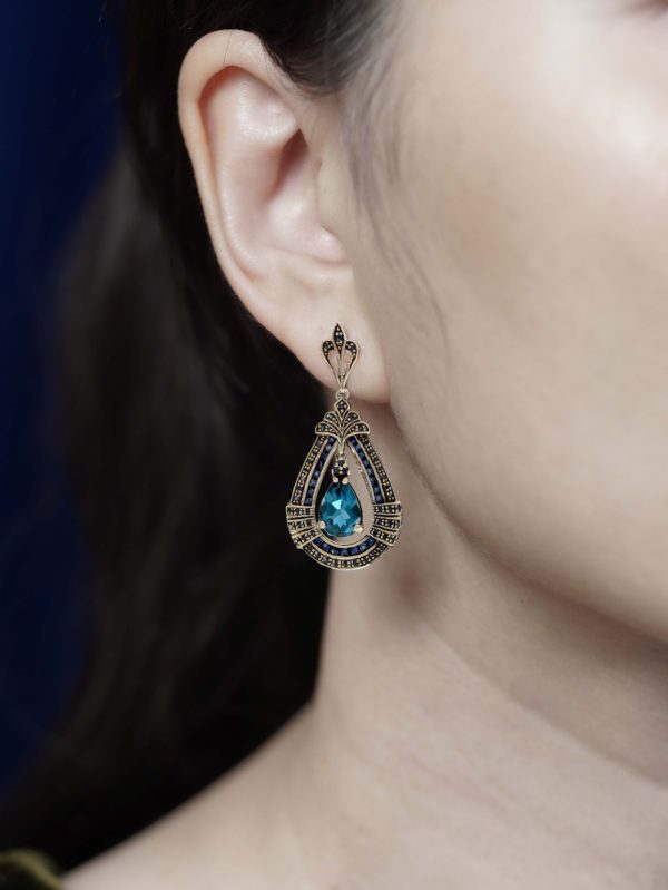 Sapphire and Diamond Antique Style Dangle Earrings - Image 2