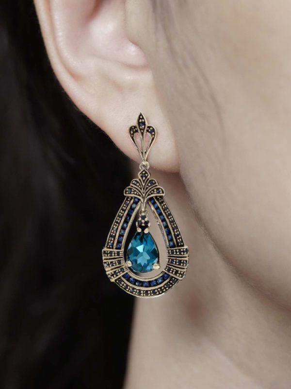 Sapphire and Diamond Antique Style Dangle Earrings - Image 3