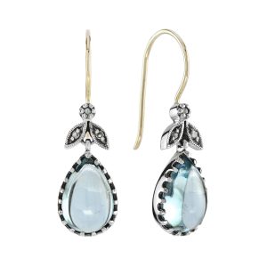 Cabochon Blue Topaz and Rose Cut Diamond Vintage Style Dangle Earrings