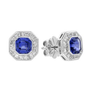 Blue Sapphire and Diamond Art Deco Style Stud Earrings