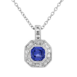 Blue Sapphire and Diamond Art Deco Style Pendant Necklace