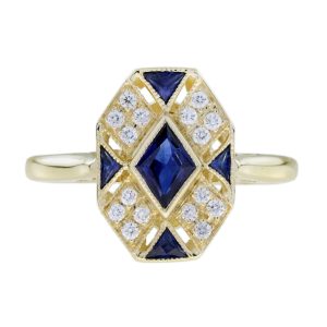 Blue Sapphire and Diamond Art Deco Style Cluster Ring