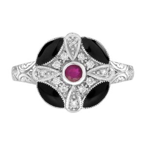 Ruby Diamond and Enamel Art Deco Style Ring