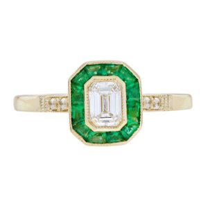 Emerald Cut Diamond and Emerald Art Deco Style Engagement Ring