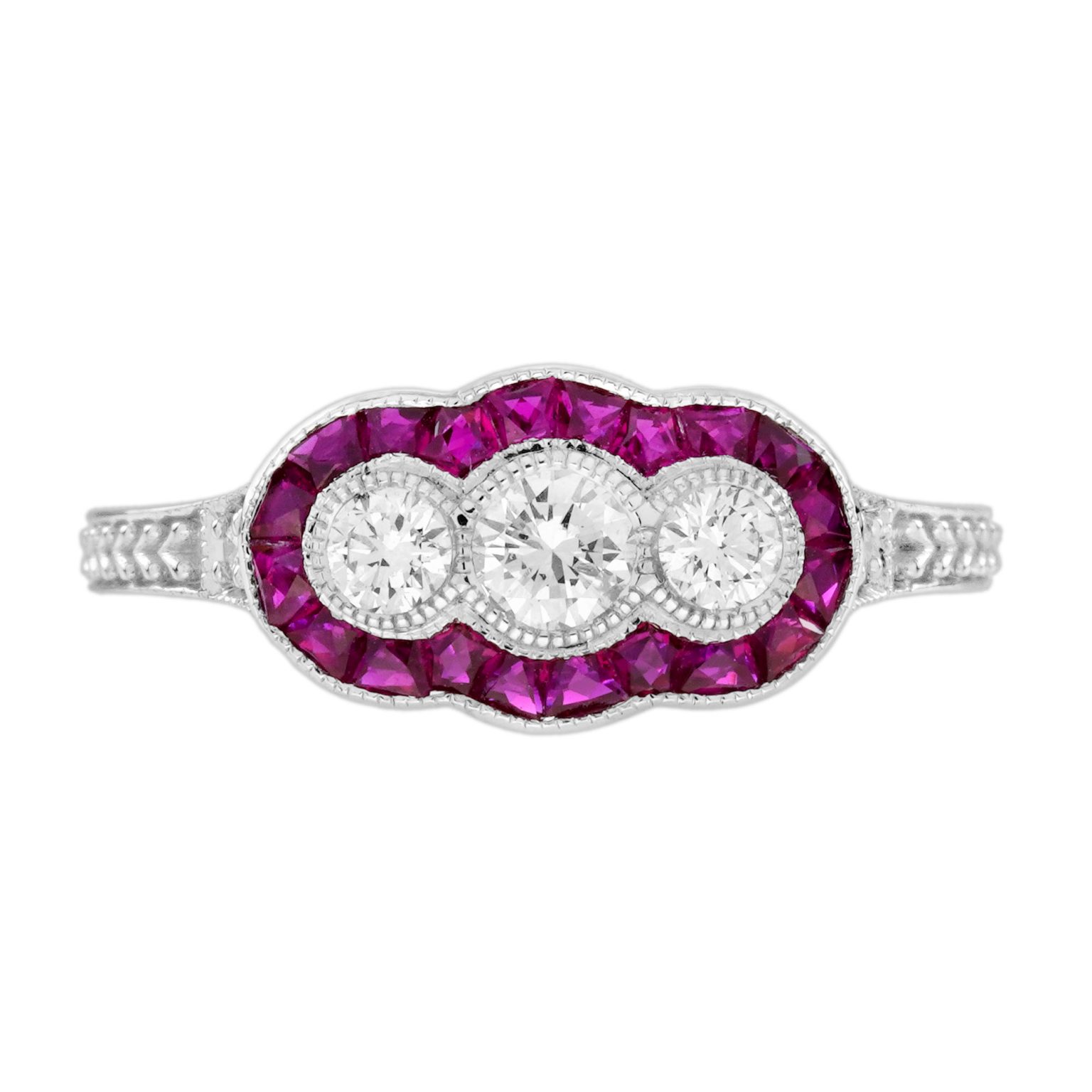 Diamond and Ruby Art Deco Style Three stone Engagement Ring