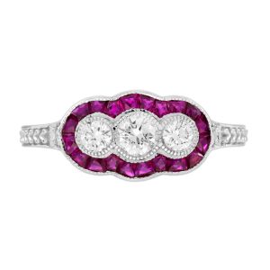 Diamond and Ruby Art Deco Style Three stone  Engagement Ring