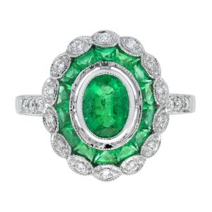 Emerald Diamond Art Deco Style Halo Engagement Ring