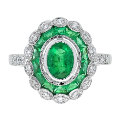 Emerald Diamond Art Deco Style Halo Engagement Ring